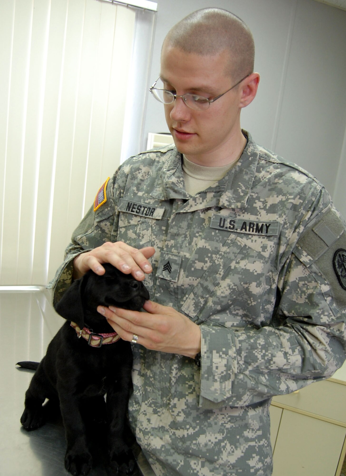 LAUGHLIN AIR FORCE BASE, Texas – Army Sgt. Christopher Nestor, Veterinary Technician from Fort Sam Houston, Texas, pets an eight-week-old Labrador retriever puppy after being medically treated at the Veterinary Clinic here June 23. Soldiers from Fort Sam Houston visit Laughlin ounce a quarter to help give free medical attention to privately owned animals here as well as other Air Force bases in San Antonio. (U.S. Air Force photo by Airman 1st Class Sara Csurilla)
