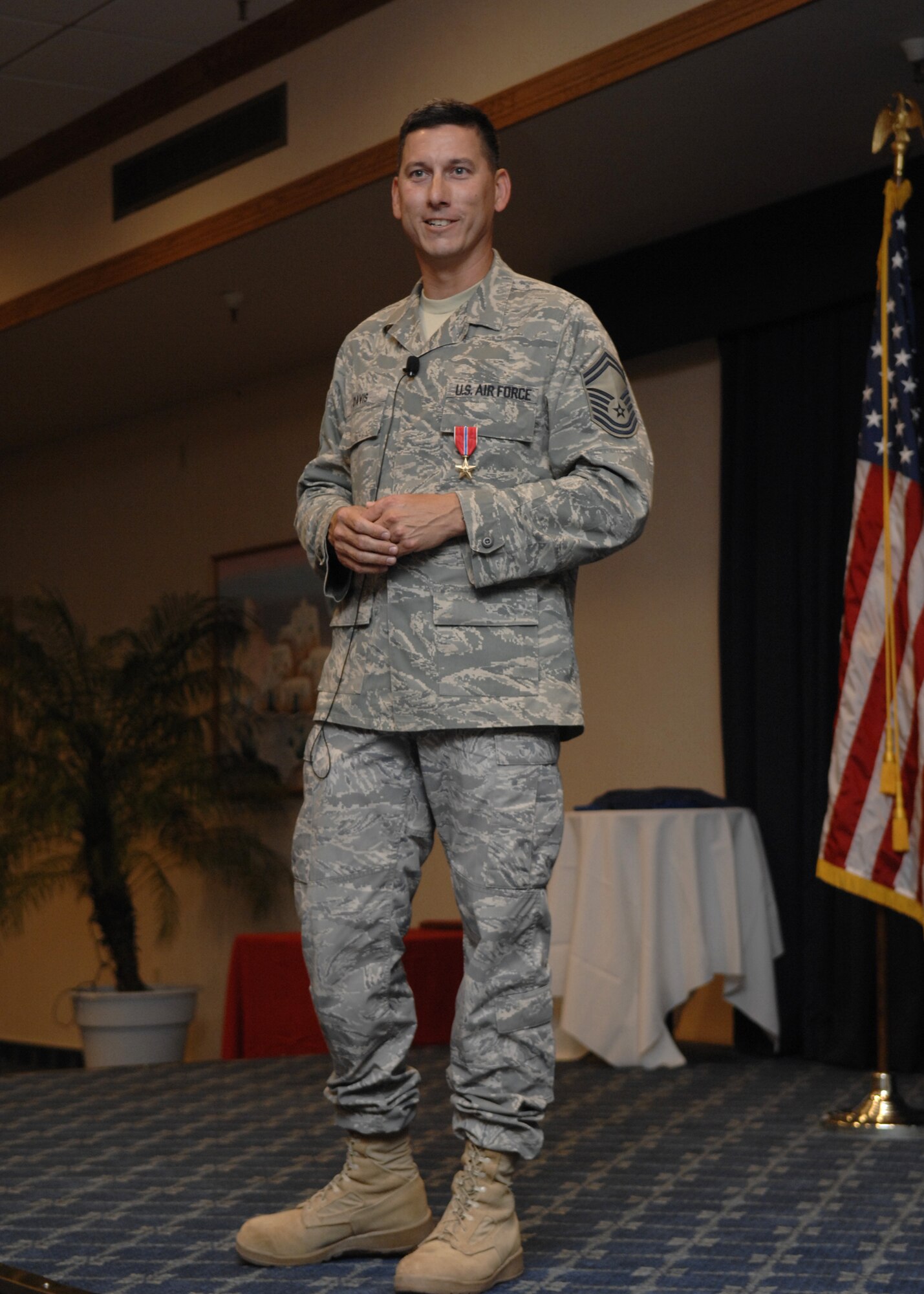 Senior Master Sgt. Billy Davis, 49th Logistics Readiness Squadron, speaks of his experience in Iraq and Afghanistan where he served as a Platoon leader for more than 50 Airmen operating as convoy security teams during Warrior Call, June 20 at the Desert Sands Enlisted Club at Holloman Air Force Base, N.M. (U.S. Air Force photo/Airman 1st Class Rachel A. Kocin)