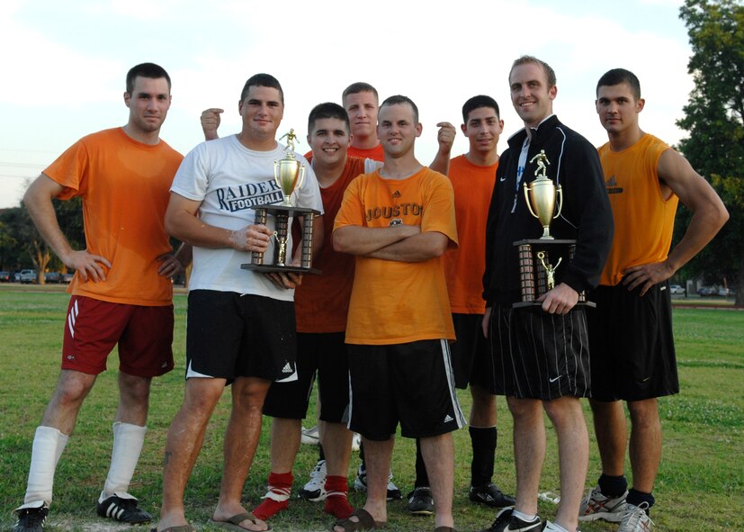 BARKSDALE AIR FORCE BASE, La.- The 2d Munitions Squadron recieved the 2008 American League soccer championship trophy and the 2008 base soccer runner up trophy at the Barksdale fitness center field June 19, 2008. (US Air Force Photo by Amn Benjamin McWha)