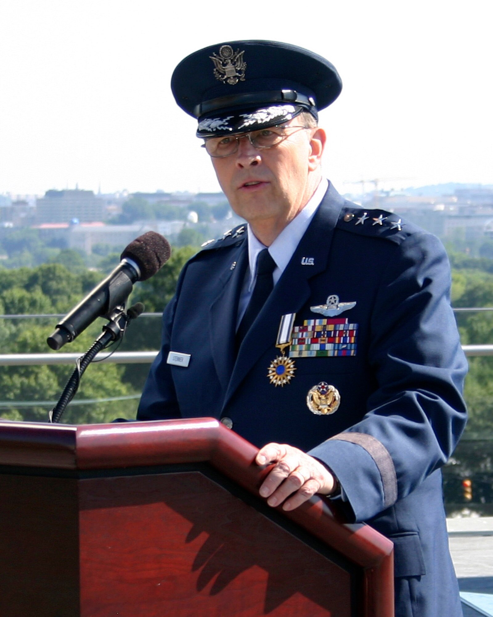 Chief of Air Force Reserve Command, Lt. Gen. Charles E. Stenner Jr. addresses the audience after assuming command. General Stenner assumed command during a ceremony at the Air Force Memorial in Arlington, Va., June 24. (U.S. Air Force photo/Senior Master Sgt. Raymond Sarracino)