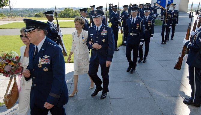 Lt. Gen. Charles E. Stenner Jr., chief of Air Force Reserve and commander Air Force Reserve Command, and his wife Dee,  are followed by Lt. Gen. John A. Bradley and his wife Jan, June 24, 2008, following change of command ceremonies for the Air Force Reserve Command at the Air Force Memorial in Washington D.C. (U.S. Air Force photo/Master Sgt. Rick Sforza)