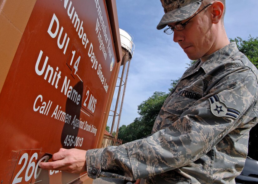 BARKSDALE AIR FORCE BASE, La. - Airman 1st Class Joseph Boals, President of Airmen Against Drunk Driving, changes the statistics on the DUI board at the Main Gate June 23. AADD has had 260 saves for the calendar year 2008, their numbers are declining due to lack of volunteers in the recent months as gas prices rise. (U.S. Air Force photo by Airman 1st Class Joanna M. Kresge)