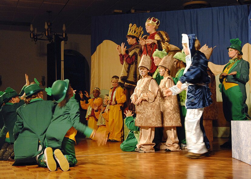 BARKSDALE AFB, LA--- Cast members from the Missoula Children's Theater's production of "The Princess and The Pea" perform on stage in front of a live audience at the Stripes Lounge 20 June 2008. The cast is made up of children from the base Youth Center as well as school aged kids from the Barksdale AFB community. (USAF Photo by SSgt Trina R. Jeanjacques)(Released)