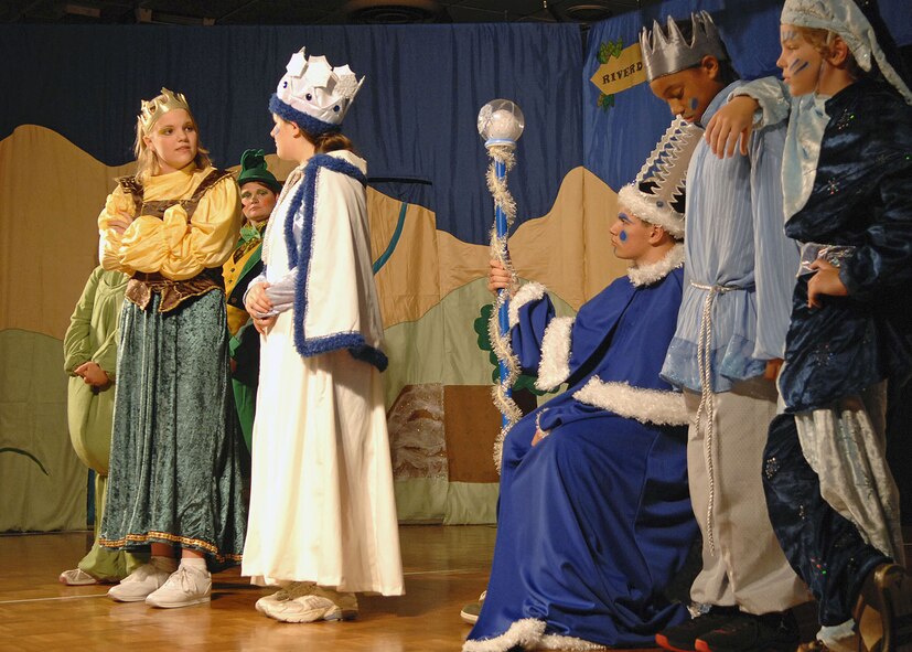 BARKSDALE AFB, LA--- Cast members from the Missoula Children's Theater's production of "The Princess and The Pea" perform on stage in front of a live audience at the Stripes Lounge 20 June 2008. The cast is made up of children from the base Youth Center as well as school aged kids from the Barksdale AFB community. (USAF Photo by SSgt Trina R. Jeanjacques)(Released)