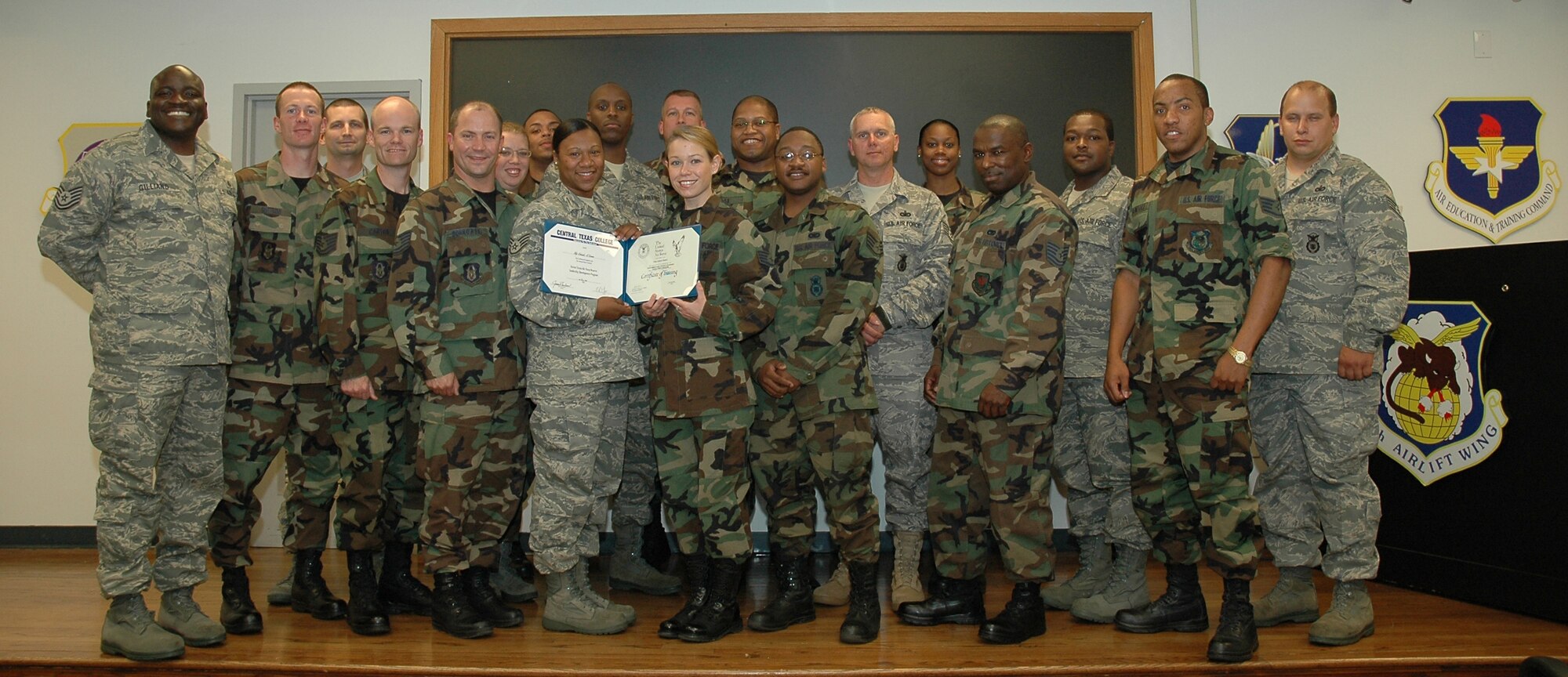 The Dobbins ARB Spring 2008 Air Force Reserve Command NonCommissioned Officer Leadership Development Program (NCOLDP) graduating class stands proudly while exhibiting a diploma which represents 10 days of team building, lectures, problem solving and application of management techniques in the military workplace.  (U.S. Air Force photo/Master Sgt. Stan Coleman)