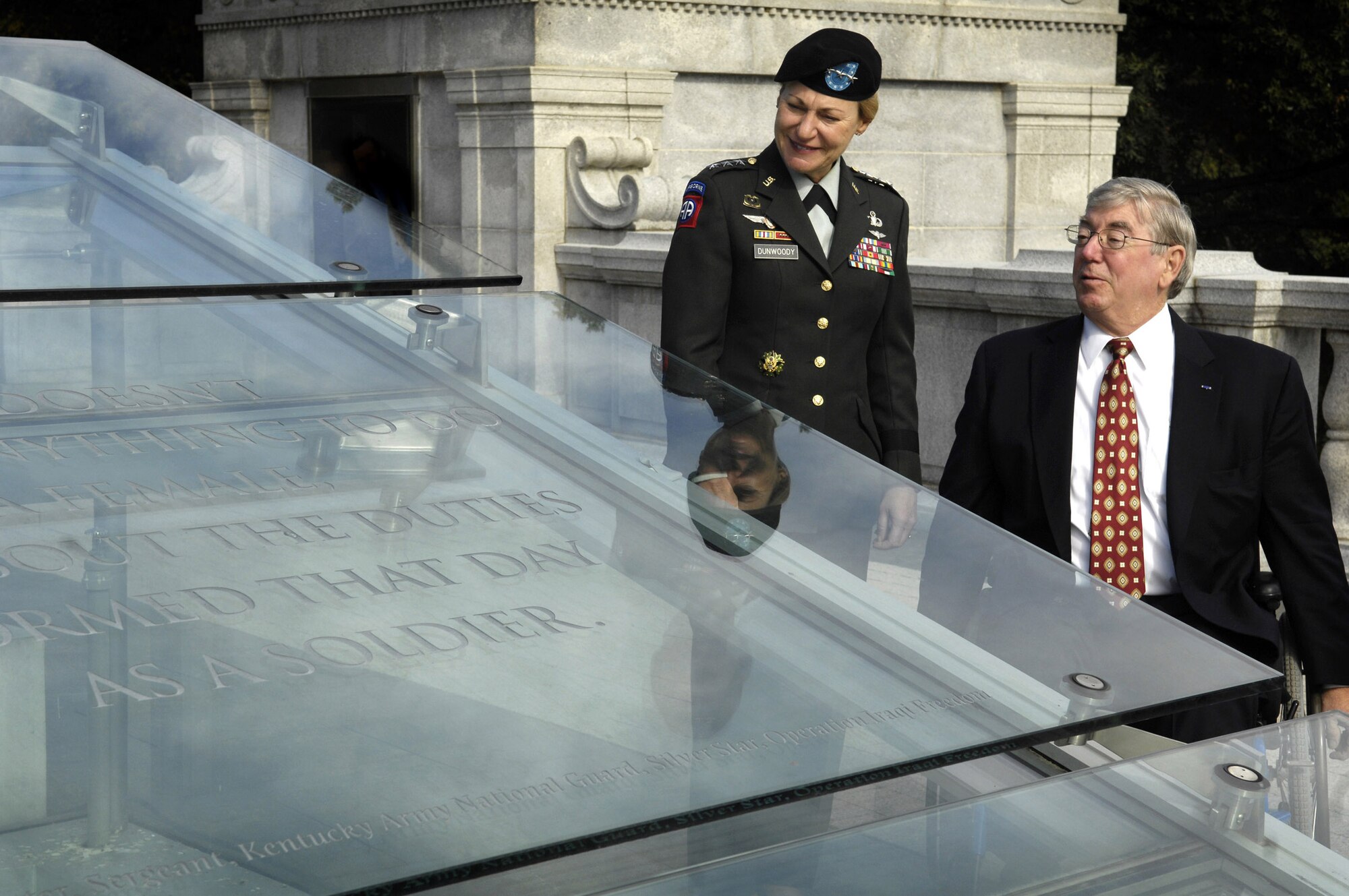 Lt. Gen. Ann E. Dunwoody and Secretary of Veterans Affairs Gordon H. Mansfield tour the Women's Memorial at Arlington National Cemetery, Va., November 2007. Currently, General Dunwoody serves as the U.S. Army Deputy Chief of Staff for Logistics. President George W. Bush nominated her for the rank of four-star general and the commander of Army Material Command June 23. (Department of Defense photo/Cherie A. Thurlby)