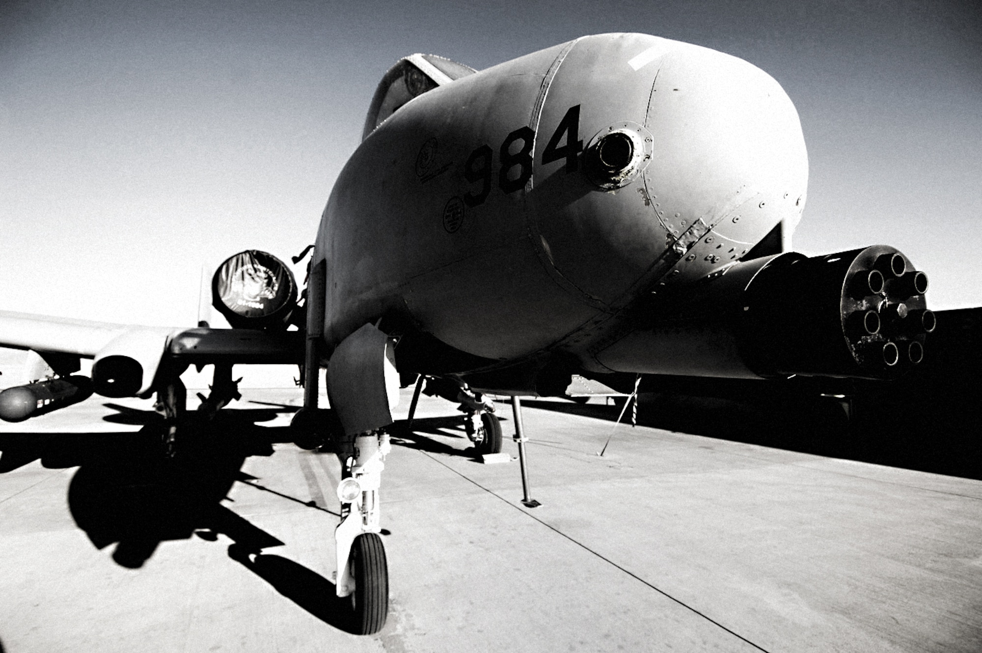 An A-10 Warthog stands ready on the flightline for its next Operation Enduring Freedom mission. The A-10 is the first Air Force aircraft specially designed for close air support of ground forces. (U.S. Air Force photo by Master Sgt. Demetrius Lester)