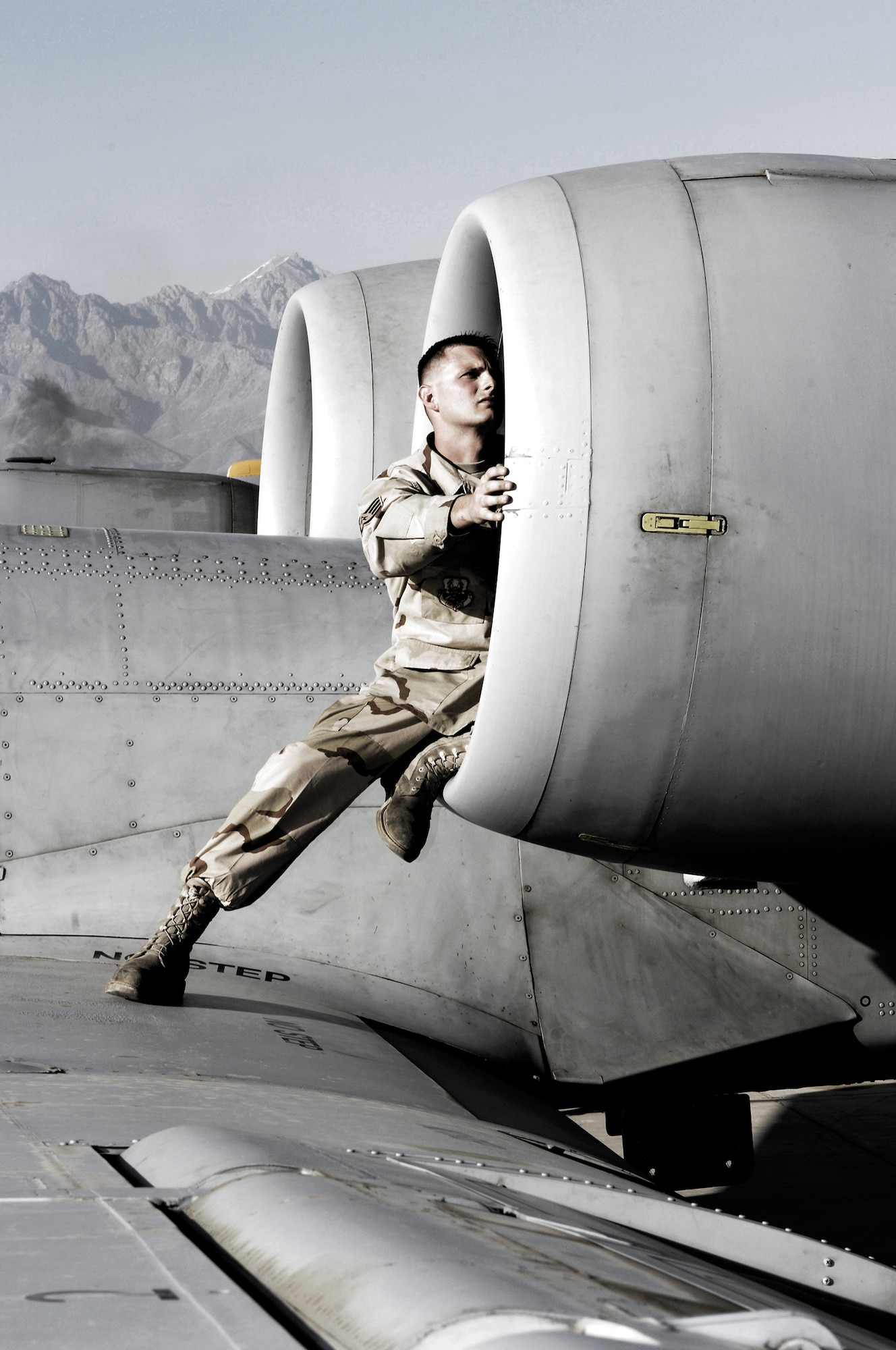 After each combat mission, A-10 Thunderbolt II crew chief Staff Sgt. Damon Ballard checks his "hog" to ensure it's good to go for its next mission from Bagram Air Base, Afghanistan. He deployed to the 455th Expeditionary Maintenance Squadron with the 81st Aircraft Maintenance Unit, Spangdahlem Air Base, Germany. (U.S. Air Force photo by Master Sgt. Demetrius Lester)