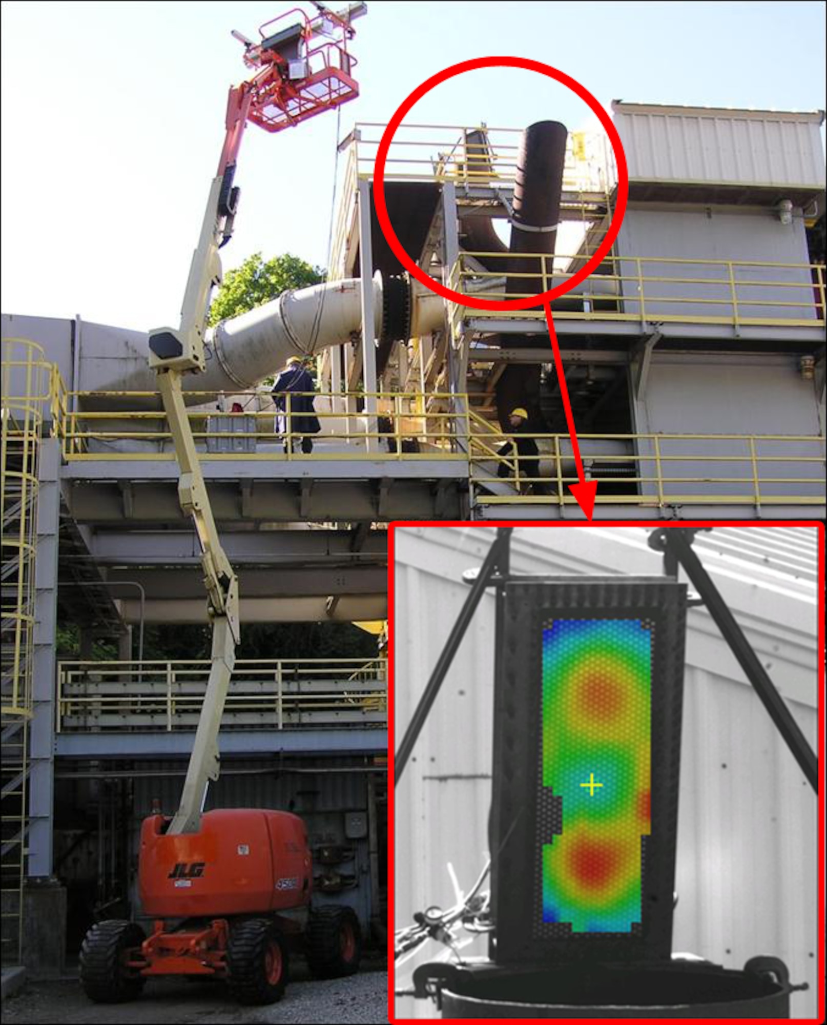 Air Force Research Laboratory engineers, working with the 780th Test Squadron Aerospace Survivability and Safety Flight at Wright-Patterson Air Force Base, have identified an effective method for measuring deformation in the aft deck of the B-2 bomber using a series of special engine tests.  The engine test run configuration including manlift with mounted camera bar and test specimen is circled. Photo inset is a three-dimensional map on the test specimen showing out-of-plane deformation due to thermal expansion. (U. S. Air Force photos/Mindy Cooper)
