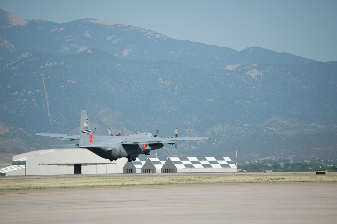 A 302nd Airlift Wing Modular Airborne Fire Fighting System (MAFFS) designated C-130 departs Peterson AFB, Colo. headed for Chico Municipal Airport, Chico, Calif., where it will assist the USDA Forest Service in Northen California firefighting efforts.  