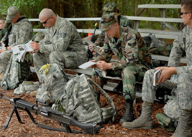 437th Security Forces Squadron Airmen study the "Airman's Manual" Air Force Manual 10-100 during the mobility exercise June 23 on Charleston AFB. Airmen from across the base are participating in a mobility exercise in preparation for the operational readiness inspection in August. (U.S. Air Force photo/Airman 1st Class Katie Gieratz)