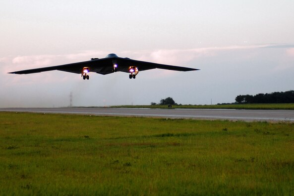 Col. Gregory Champagne and Maj. David Thompson take off on a B-2 Spirit mission June 18 at Whiteman Air Force Base, Mo. It was the first sortie flown and launched by Air National Guard members. Colonel Champagne is the 131st Fighter Wing vice commander and Major Thompson is assigned to the 131st FW. (U.S. Air Force photo/Senior Airman Jessica Snow) 
