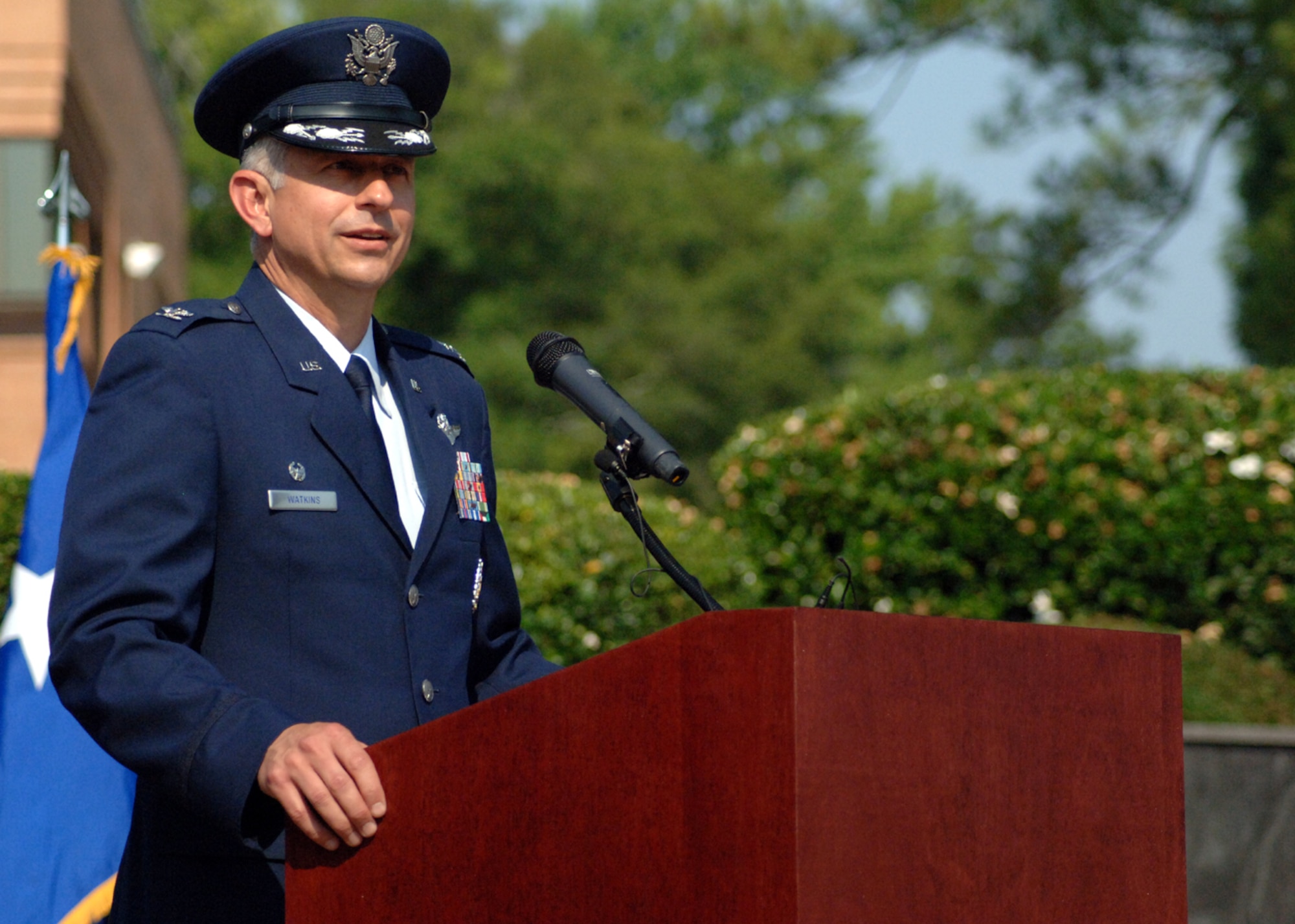 Colonel Roger Watkins, 14th Flying Training Wing commander, makes his closing remarks at his  assumption of command ceremony Wednesday in Smith Plaza. (U.S. Air Force photo by Airman Josh Harbin)