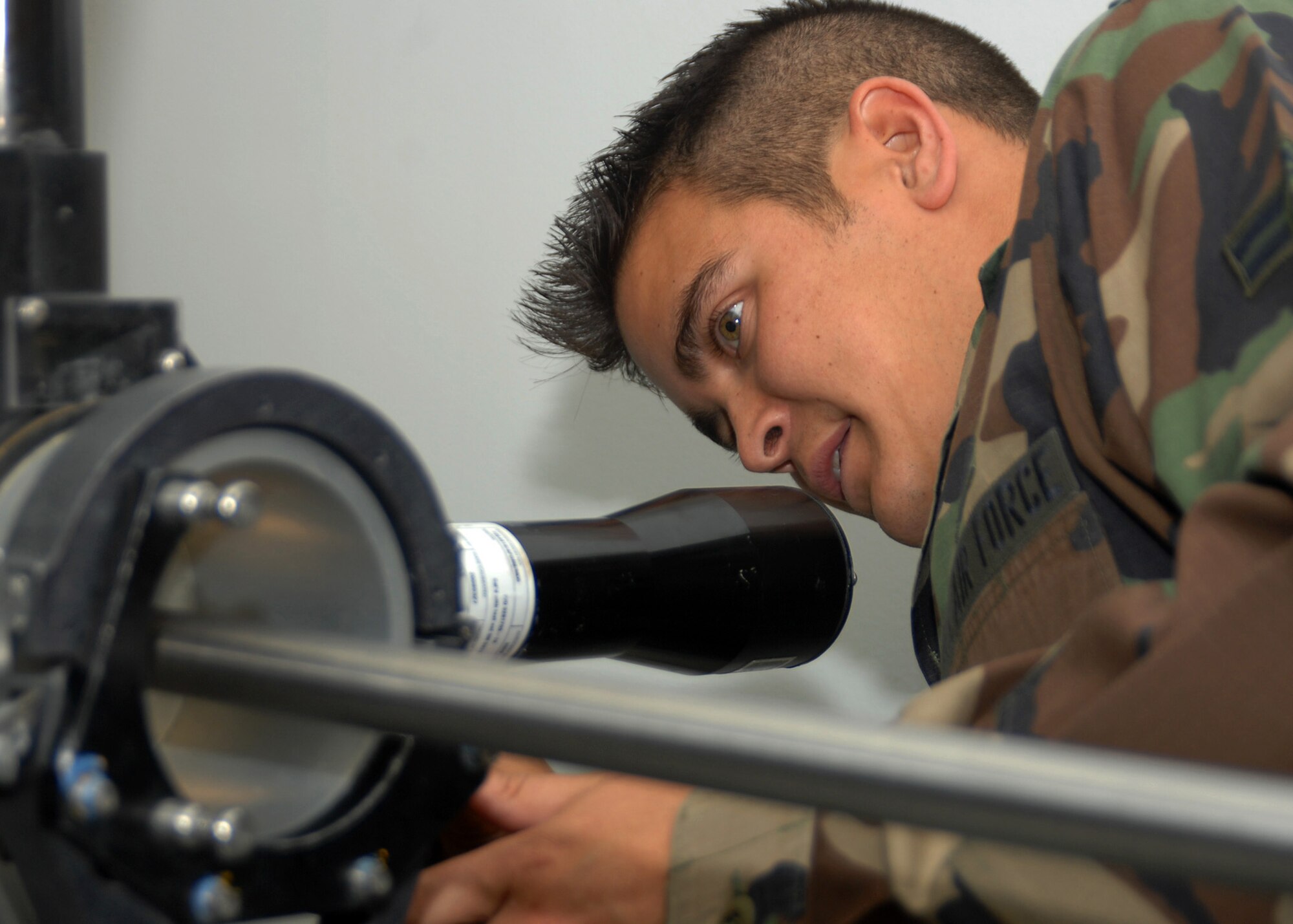 SEYMOUR JOHNSON AIR FORCE BASE, N.C. - Airman 1st Class Chris Boatright of the 4th Component Maintenance Squadron's Precision Measurement Equipment Lab calibrates the Guidance Control Section, June 19, 2008. Airman 1st Class Boatright uses precise measurements to ensure the missile guidance system can put bombs on target, on time. (U.S. Air Force photo by Airman 1st Class Makenzie Lang)