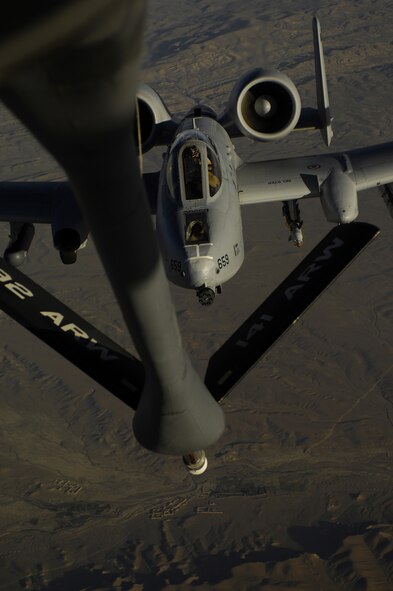 AFGHANISTAN - A U.S. Air Force A-10 Thunderbolt aircraft moves into position to receive fuel May 29 from a KC-135 Stratotanker during a mission over Afghanistan. The A-10 is deployed to Operation Enduring Freedom and the KC-135 is assigned to the 22nd Expeditionary Air Refueling Squadron, 376th Air Expeditionary Wing, Manas Air Base, Kyrgyzstan and is deployed from the 92nd Air Refueling Wing, Fairchild. (U.S. Air Force photo / Master Sgt. Andy Dunaway)
