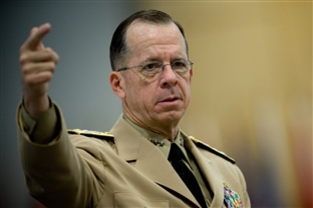 U.S. Navy Adm. Mike Mullen, chairman of the Joint Chiefs of Staff, addresses students at the George C. Marshall European Center for Security Studies, Garmisch, Germany, June 25, 2008. Dedicated in 1993, the Marshall Center was created to establish a more stable security environment.