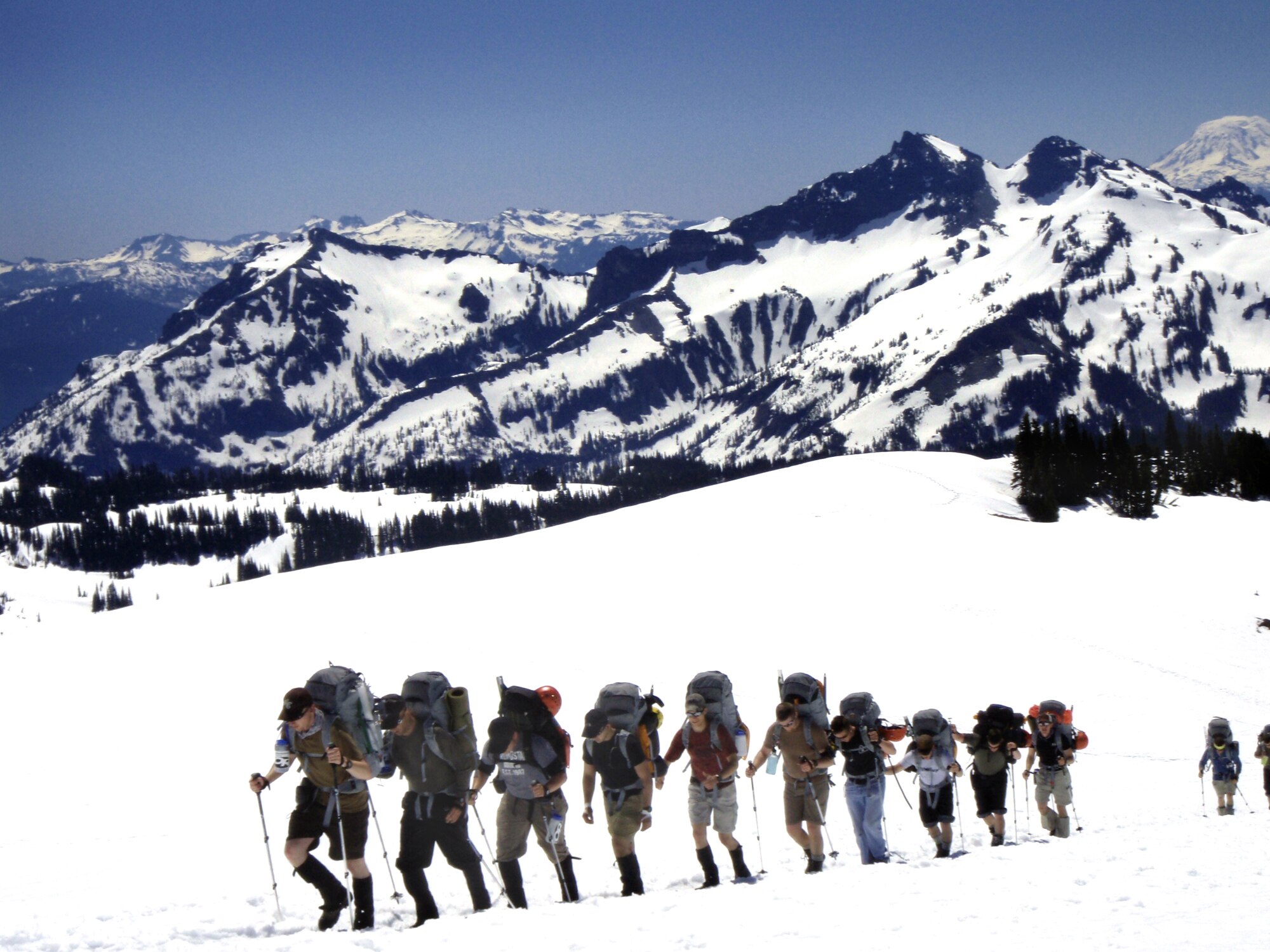 PIERCE COUNTY, Wash. – June 17, 16 22nd Training Squadron Delta Flight Survival, Evasion, Resistance and Escape specialists summitted Mount Rainier, battling single-digit temperatures and more than 50 mph winds at summit June 17. The 22nd TRS team and one other two-man group were the only groups to summit the mountain that day. (Courtesy photo / Delta Flight)