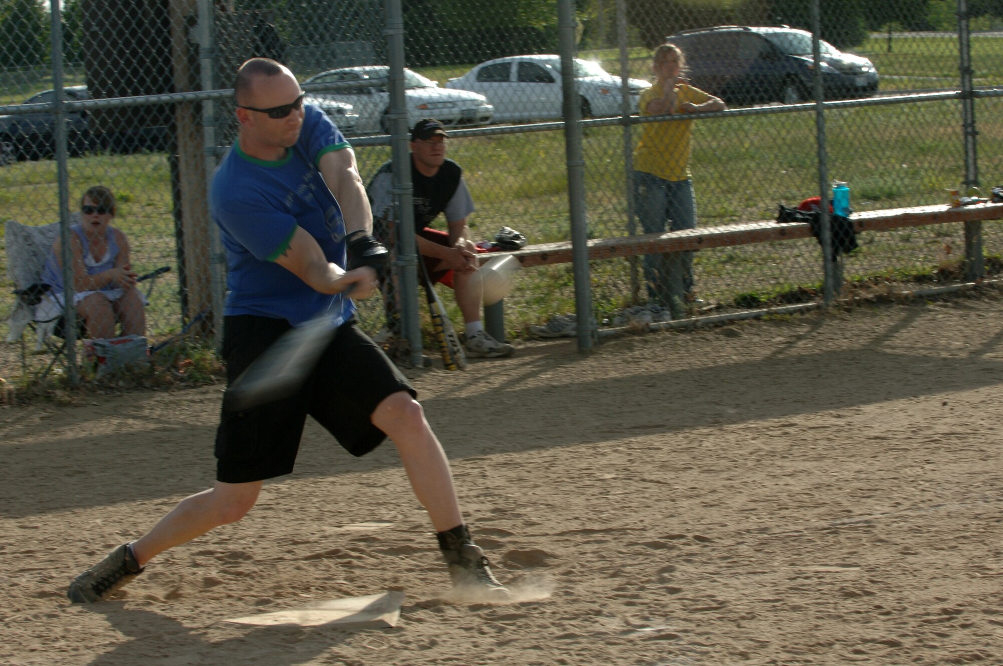 FAIRCHILD AIR FORCE BASE, Wash. – Staff Sgt. Bradley Boatman, 92nd Operation Support Squadron weather observer/forecaster, swings hard to make contact with the ball during the 92nd OSS vs. 92nd Civil Engineer Squadron softball game here June 25. (U.S. Air Force photo / Senior Airman Jocelyn Ford)
