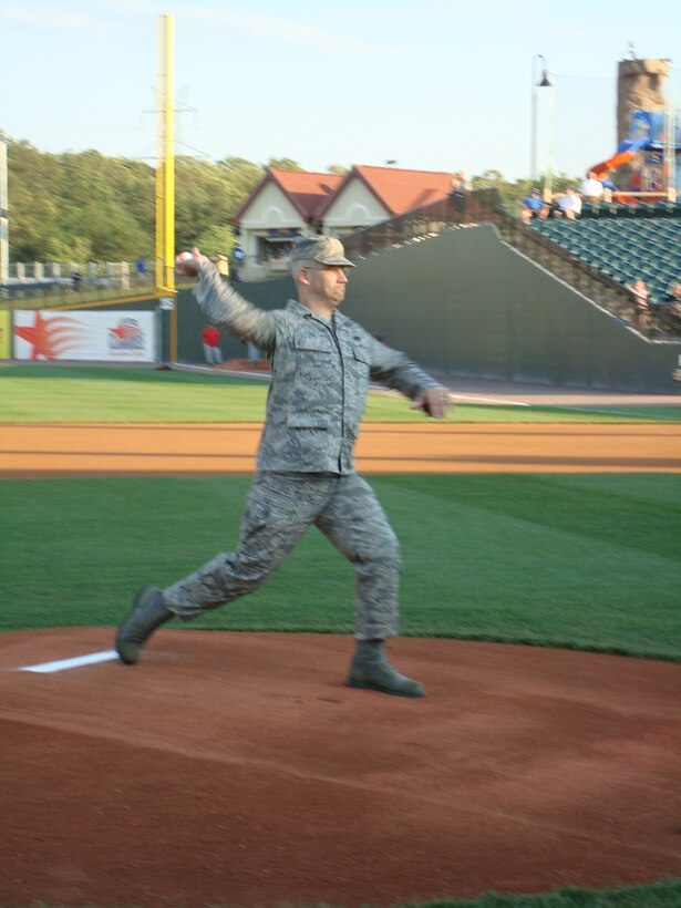 Chief Master Sgt. Timothy Tate throws out the first pitch for the Southern Maryland Blue Crabs June 17at Regency Furniture Park, Waldorf, Md. Chief Tate is the interim 316th command chief master sergeant. The Blue Crabs beat the Newark Bears 10-2. (Courtesy photo)