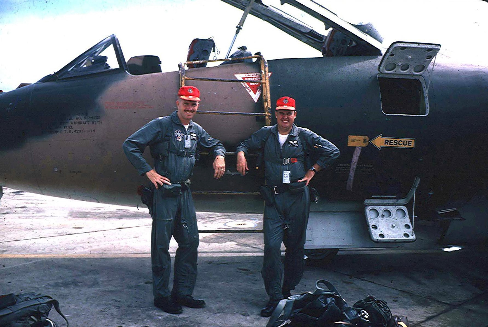 WHITEMAN AIR FORCE BASE, Mo., -- Capt. Bob Butterfield (left) and his navigator, Capt. Hugh Davidson, pose in front of their 13th Bomb Squadron B-57 after flying a mission in Vietnam. (U.S. Air Force courtesy photo)
