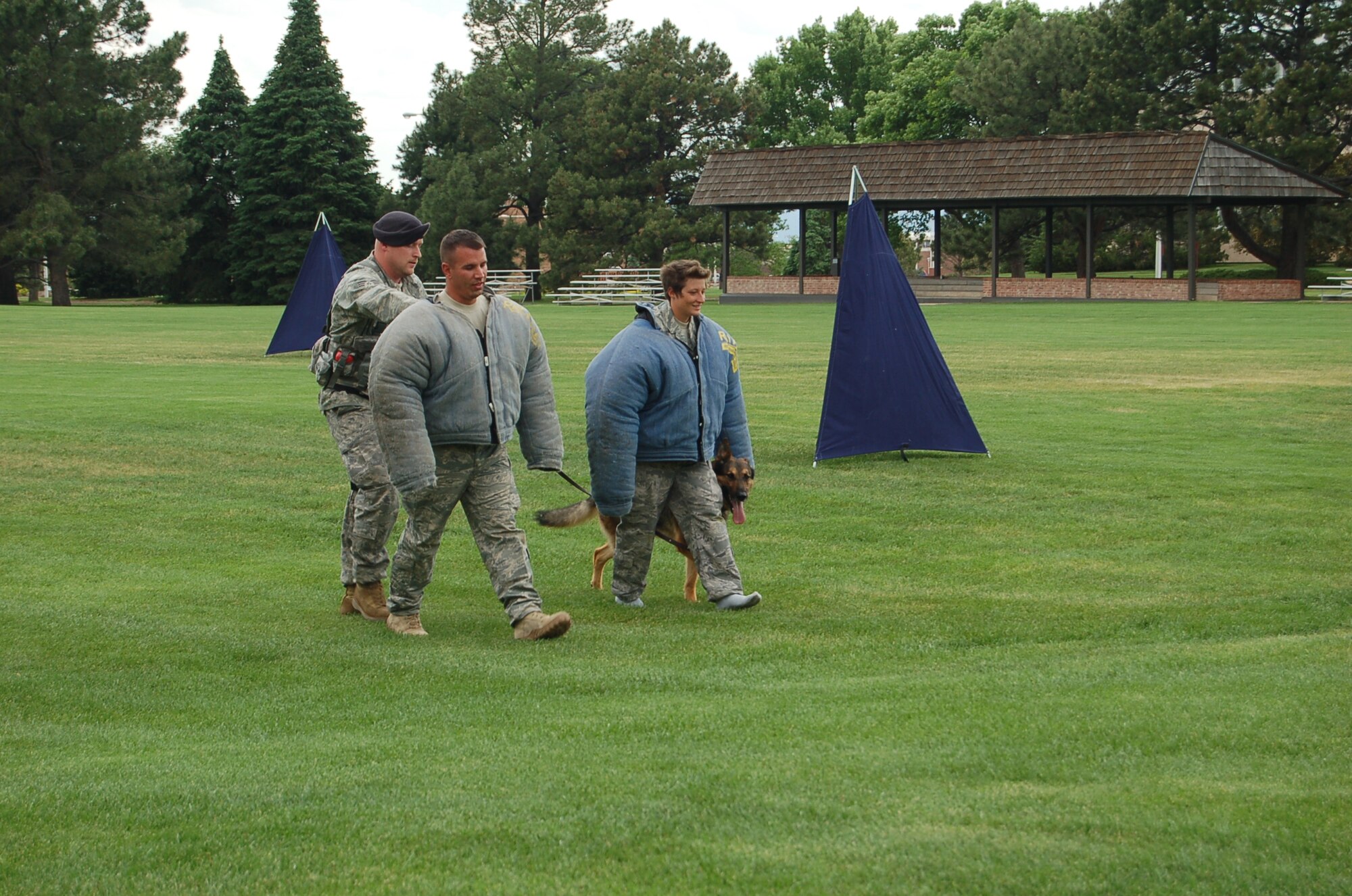 Staff Sgt. Billy Burgan, 21st Security Forces Squadron military working dog handler, and his dog, Endy, escort two simulated suspects, Staff Sgts. Melinda Miller and Robert Fowler, both of the 21st SFS, back to a vehicle June 19. The exercise was a part of the section’s first internal “Top Dog” competition to get military Working Dog handlers and dogs ready for several competitions in the future. (Air Force Photo/Chief Master Sgt. Michael Zirkle)