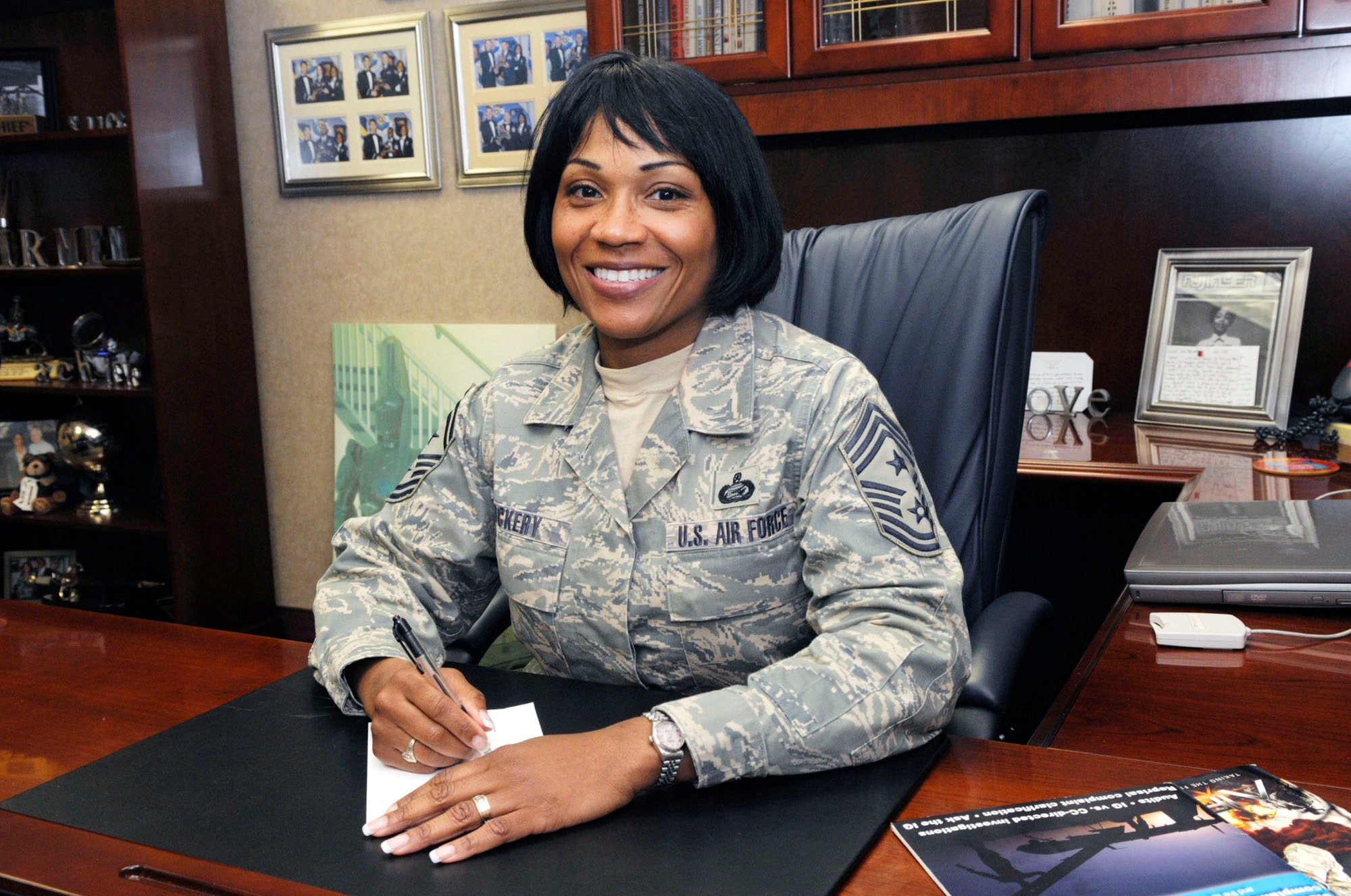 Chief Master Sgt. Carol Dockery, Robins command chief, is leaving Robins to become command chief for Air Force Cyber Command at Barksdale Air Force Base in Shreveport, La. U. S. Air Force photo by Sue Sapp