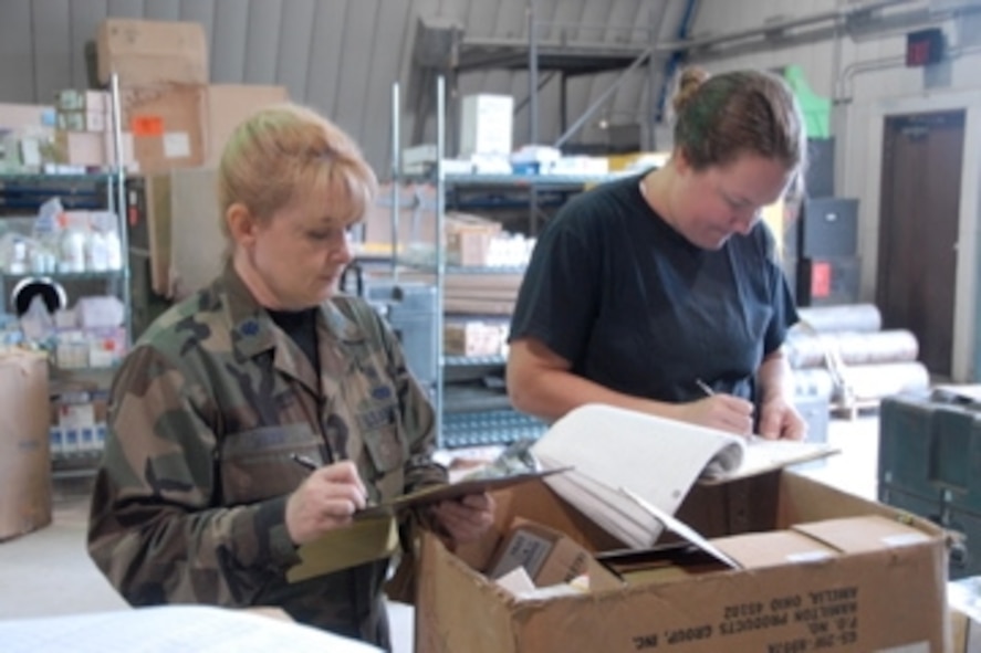 Lt. Col. Diana Shoop, 123rd Medical Group administrator, and Maj. Tracy Glenz, a Kentucky Air Guard bioenvironmental engineer, inventory war reserve supplies during a deployment to Suwon Air Base, South Korea. - photo by Tech. Sgt. Philip S. Speck