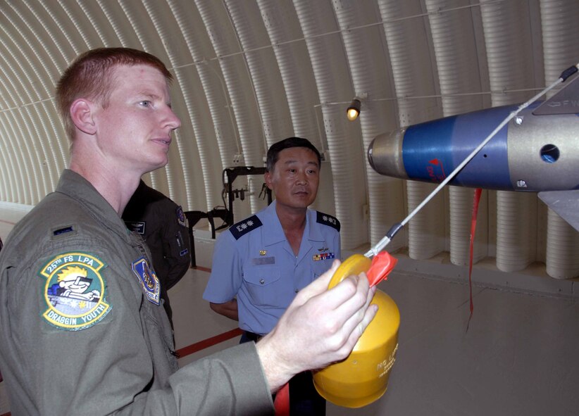 OSAN AIR BASE, Republic of Korea -- 1st Lt. Ken Lancaster, 25th Fighter Squadron A-10 pilot, explains some of the components of an A-10 to Lt. Col. Lee Chul Su, Korean Air University instructor, during the colonel’s visit June 20. Colonel Lee currently teaches air tactics at the university. (U.S. Air Force photo/Senior Airman Christopher Boitz)