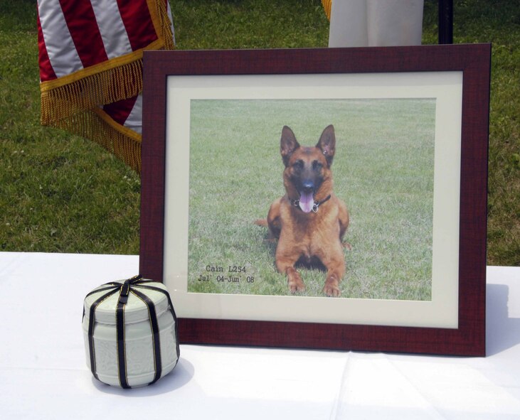 OSAN AIR BASE, Republic of Korea – Cain, a four-year-old Military Working Dog for the 51st Security Forces Squadron, recently succumbed to cancer. The 51st SFS    held a memorial ceremony June 20 to honor Cain’s memory and to thank him for his service. The service was attended by Cain's handler Staff Sgt. Eric Morales, fellow K-9 unit members, Lt. Col Gregory Reese, 51st SFS commander, and Col. Jon Norman, 51st Fighter Wing commander.  (U.S. Air Force photo/Staff Sergeant Lakisha Croley)