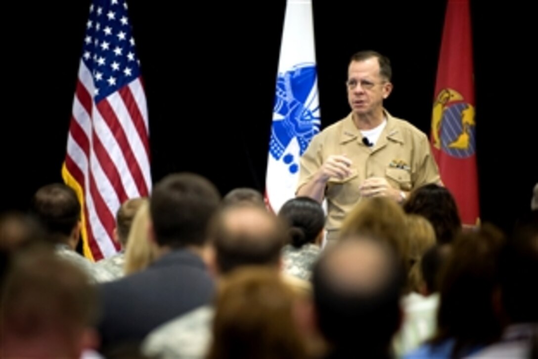 U.S. Navy Adm. Mike Mullen, chairman of the Joint Chiefs of Staff, addresses the U.S. Africa Command staff during a a town hall-style meeting at command headquarters, Kelley Barracks, Stuttgart, Germany, June 26, 2008. 