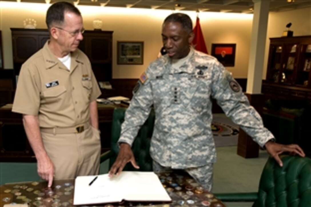U.S. Africa Command Commander U.S. Army Gen. William E. Ward, right, welcomes U.S Navy Adm. Mike Mullen, chairman of the Joint Chiefs of Staff,  to Kelley Barracks, Stuttgart, Germany, June 26, 2008. 