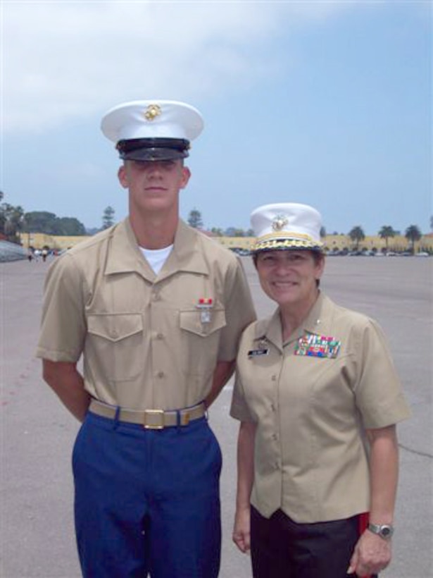 Pvt. Kyle Phillip Lejeune stands with BGen. Angela Salinas following his graduation from recruit training earlier this year. Lejeune is the great-great grandson of Gen. John A. Lejeune, 13th Commandant of the Marine Corps, and BGen Salinas is the commanding general of Marine Corps Recruit Depot San Diego/Western Recruiting Region. Photo courtesy of the Lejeune family.