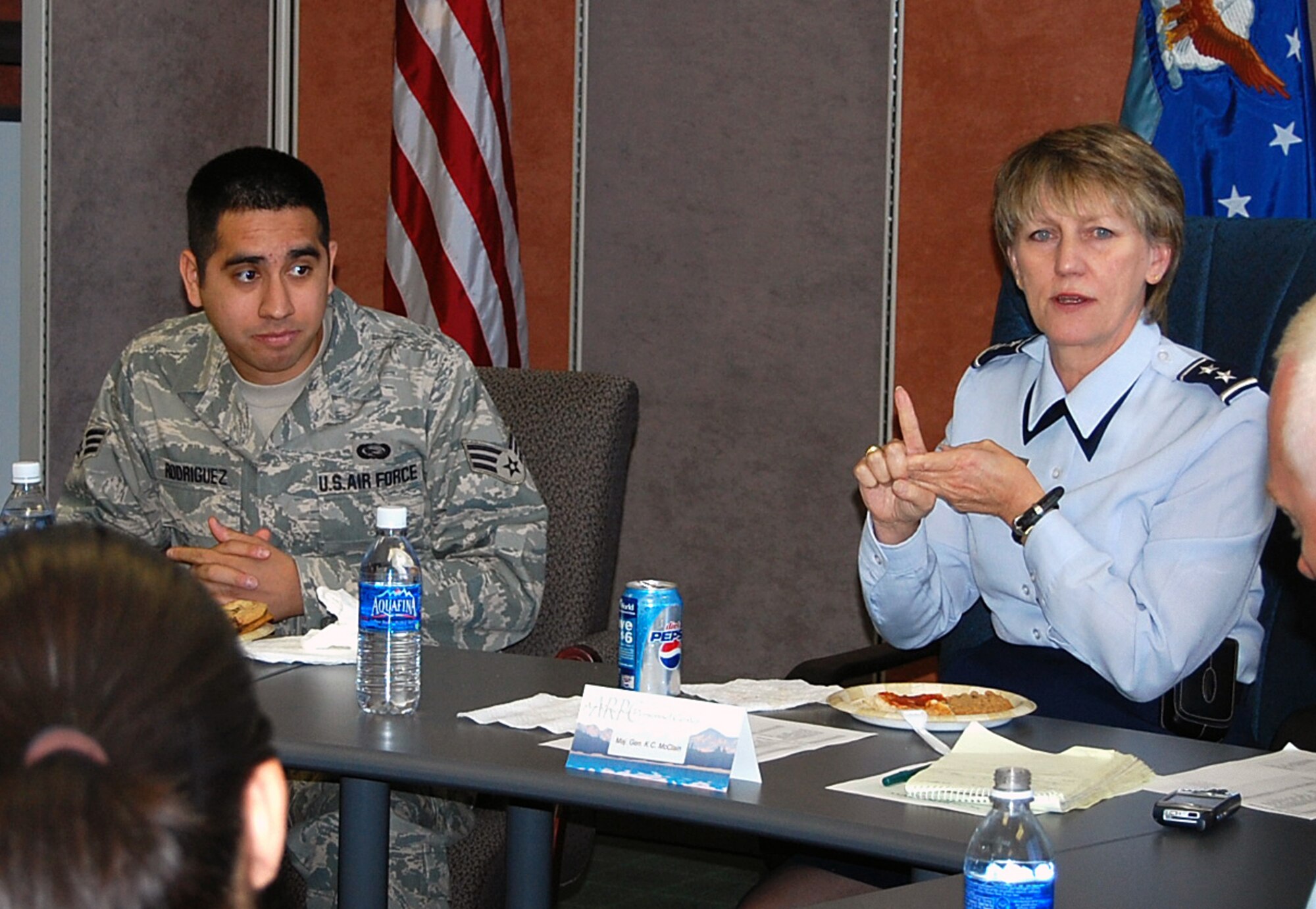 Maj. Gen. K.C. McClain, AFPC commander, has lunch with Airmen from AFPC's Operating Location at ARPC during her visit here June 13. General McClain said the experience Airmen gain by working at ARPC will "pay dividends" throughout their careers. (U.S. Air Force photo/Ellen Edwards)