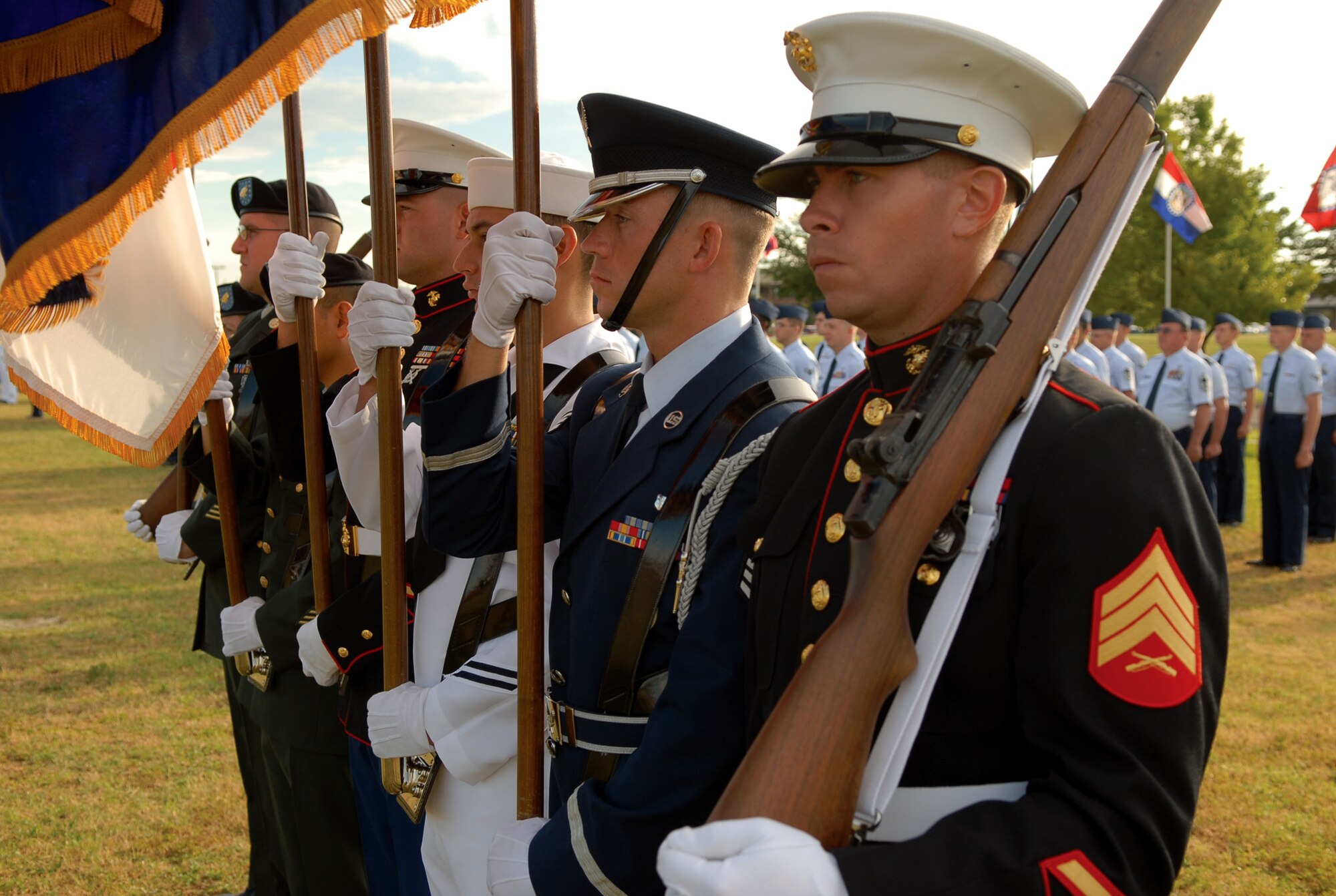 The Goodfellow Air Force Base Joint Color Guard stands at attention during the Pass in Review June 20. (U.S. Air Force photo by Staff Sgt. John Barton)