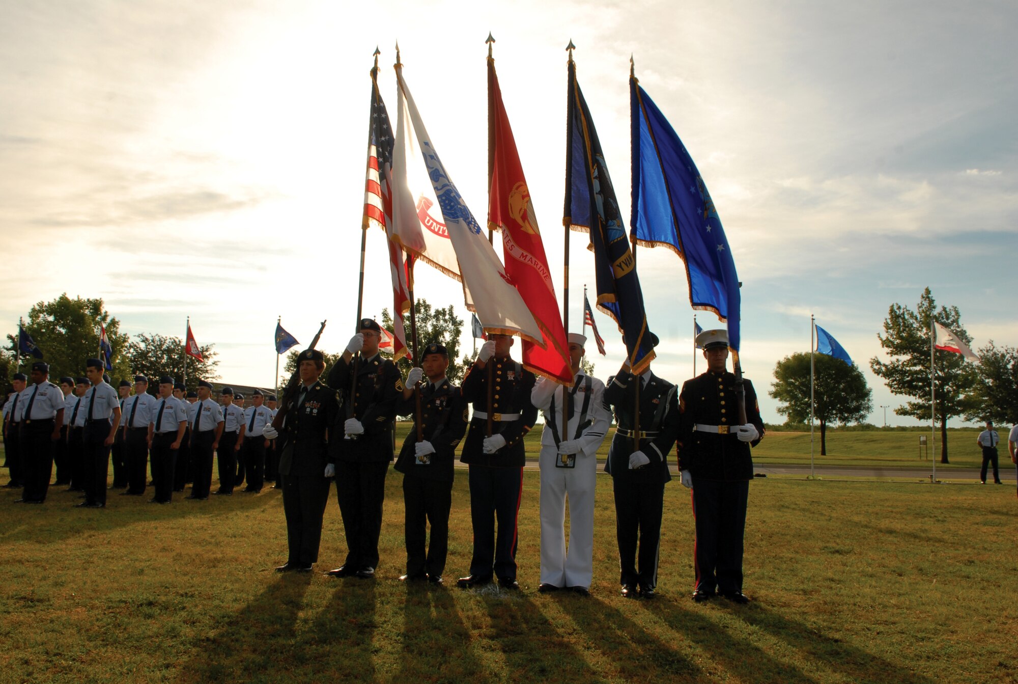 The Goodfellow Air Force Base Joint Color Guard stands at attention during the 17th Training Wing Pass in Review June 20. (U.S. Air Force photo by Staff Sgt. John Barton)