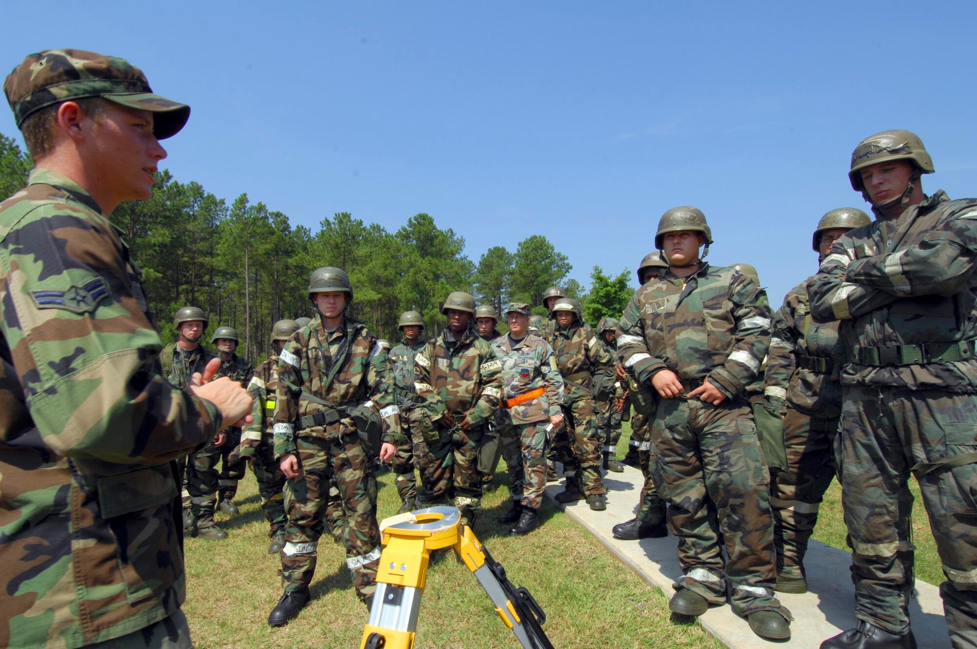 SHAW AIR FORCE BASE, S.C.--  Airman 1st Class Bryan Stewart, 20th Civil Engineer Squadron, teaches Airmen how to check buildings for chemicals and unexploded ordnances during a Phase II Operational Readiness Exercise June 24. Operational Readiness Exercises provide vital training and prepare Airmen for worldwide deployment. (U.S. Air Force photo/SrA William Coleman)