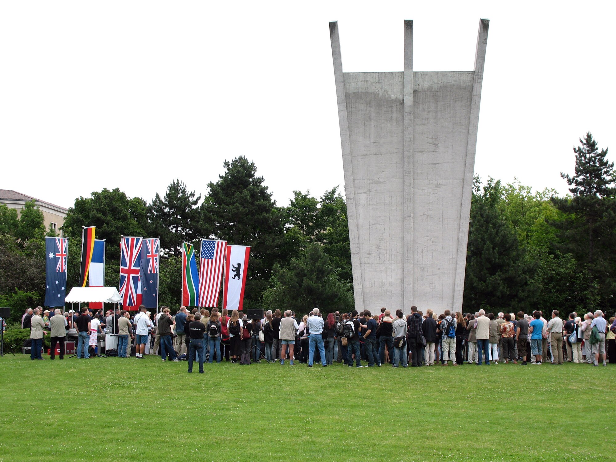 The Berlin Airlift Memorial stands just outside the former Tempelhof Military Air Base in Berlin. The memorial honors the 78 airmen who gave their lives during the Berlin Airlift. The campaign brought more than 2.3 million tons of food, medicine and supplies in more than 250,000 air missions to desperate Berliners. (U.S. Air Force photo/Master Sgt. Ron Przysucha) 
