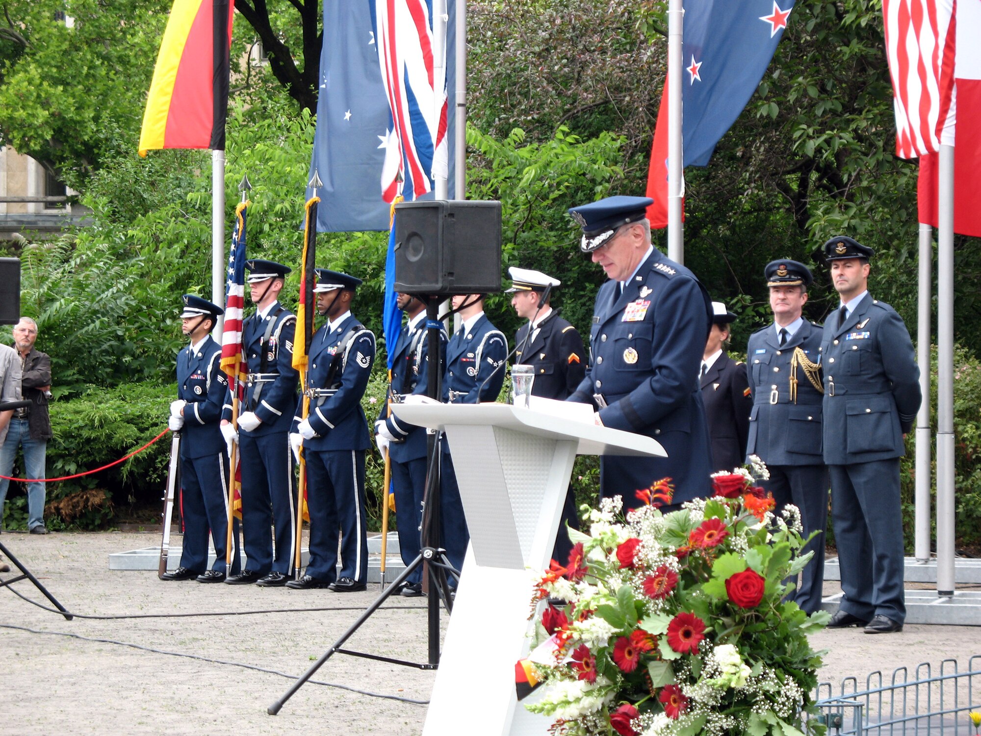 Gen. Roger A. Brady speaks to a Berlin Airlift Memorial crowd at a 60th anniversary ceremony June 27 in Berlin. Sixty years ago, American Airmen teamed with French and British air forces to sustain the city for 11 months, flying food, coal, supplies and medicine to millions of Berliners cut off by the Soviet blockade of the city. General Brady is the U.S. Air Forces in Europe commander. (U.S. Air Force photo/Master Sgt. Ron Przysucha) 
