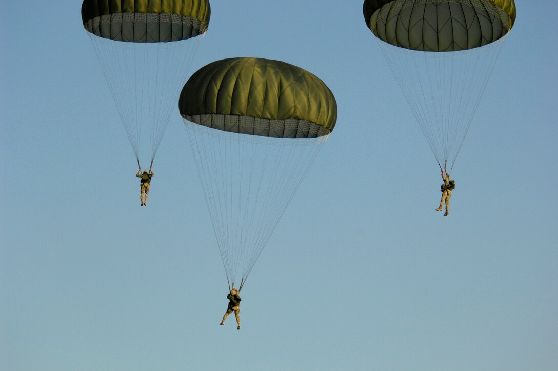 Paratroopers from the 82nd Airborne Division jump from a C-17 Globemaster III during Joint Forcible Entry Exercise June 18 at Fort Bragg, N.C. The exercise is a joint airdrop exercise designed to enhance service cohesiveness between Army and Air Force members, allowing both services an opportunity to properly execute large-scale heavy equipment and troop movement. (U.S. Air Force photo/Staff Sgt. Jacob N. Bailey)