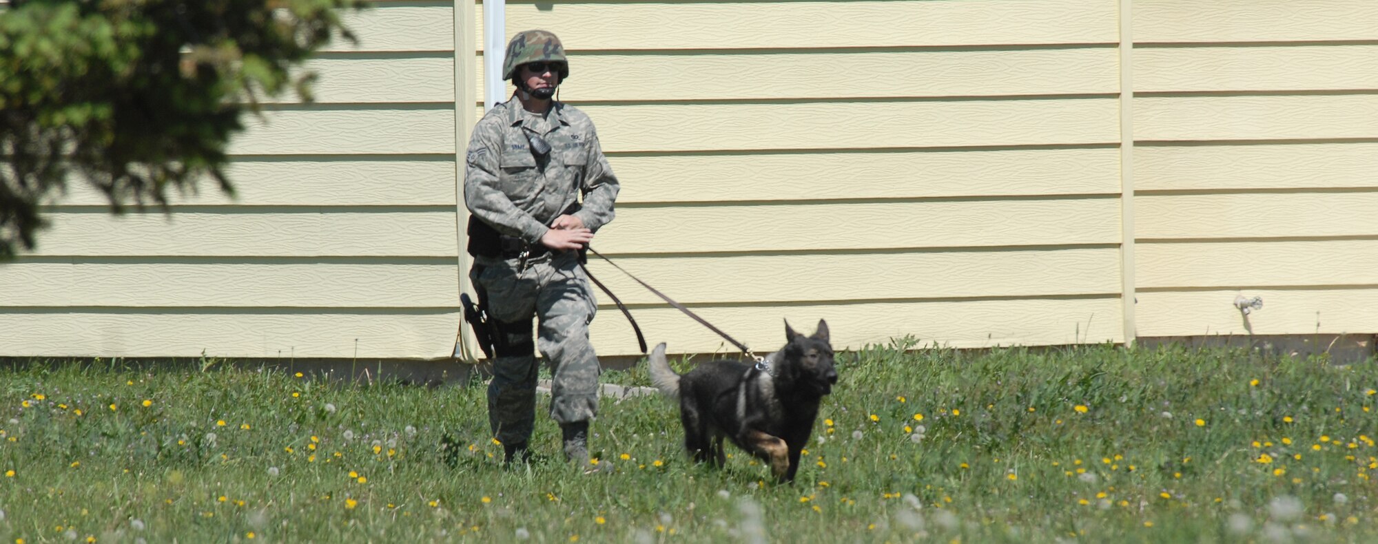 Senior Airman Caleb Snapp, 341st Security Forces Squadron military working dog section, and military working dog, Fritz, patrolling the area for any possible hostile individuals during an exercise in base housing June 23. The exercise consisted of responding to a hostage situation in the housing area. (U.S. Air Force photo/John Turner)