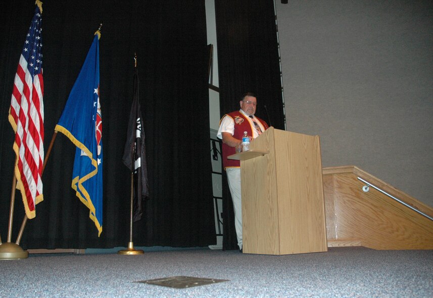 Retired Capt. Bill Robinson speaks to Airey NCO Academy and Airman Leadership School students about his Air Force career here Monday.  (U.S. Air Force photo/Staff Sgt. Timothy R. Capling)