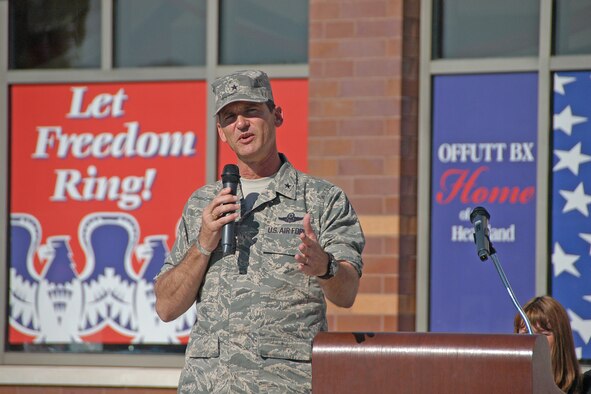 Brig. Gen. James Jones, 55th Wing commander, addresses the crowd during the grand opening of the new Army and Air Force Exchange Services base exchange June 13. (U.S. Air Force Photo By/Jeff Gates)