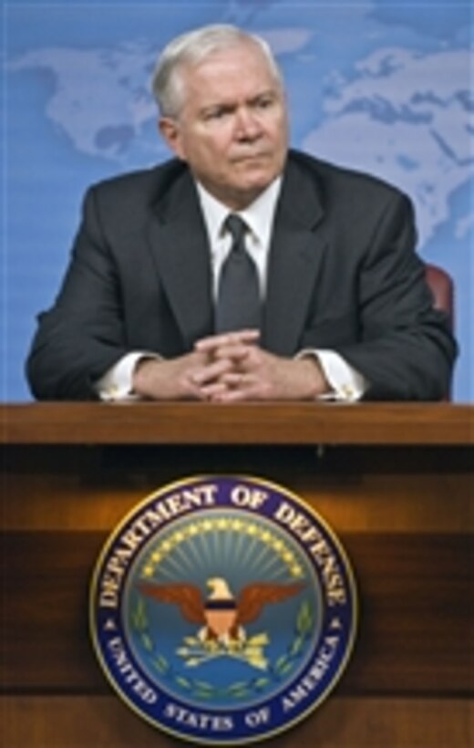 Secretary of Defense Robert M. Gates listens to a reporter's question during a press briefing in the Pentagon on June 26, 2008.  