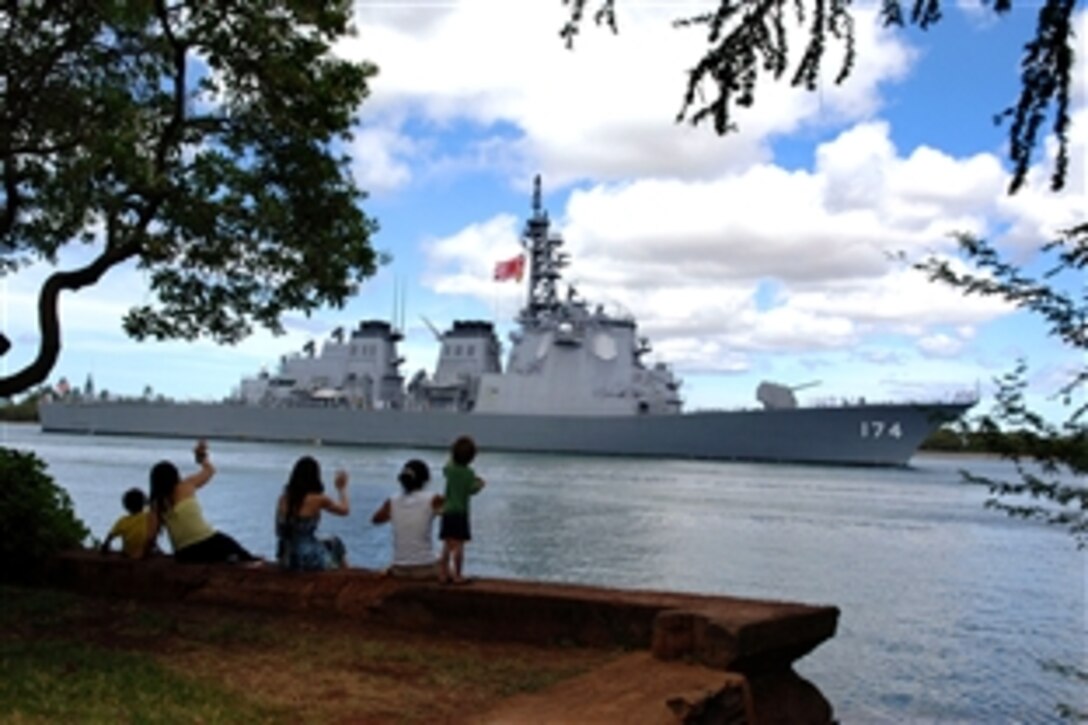 The Japanese Maritime Self Defense Force ship JS Kirishima pulls into Pearl Harbor, Hawaii, for a scheduled port call before starting Rim of the Pacific 2008, June 26, 2008. Rim of the Pacific is the world's largest multinational exercise, and is hosted biennially by the U.S. Pacific Fleet in the Hawaiian operating area during June 29-31, 2008. 