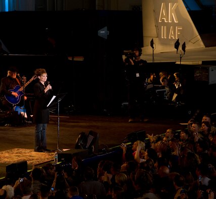 ELMENDORF AIR FORCE BASE, Alaska -- Alaska Governor Sarah Palin speaks to the members of the military and Alaska crowd in Hanger 2 during "Alaska's Concert for the Military" June 27, as part of the Alaska's 50th Statehood celebration. (U.S Air Force photo byTech. Sgt. Alan Port)