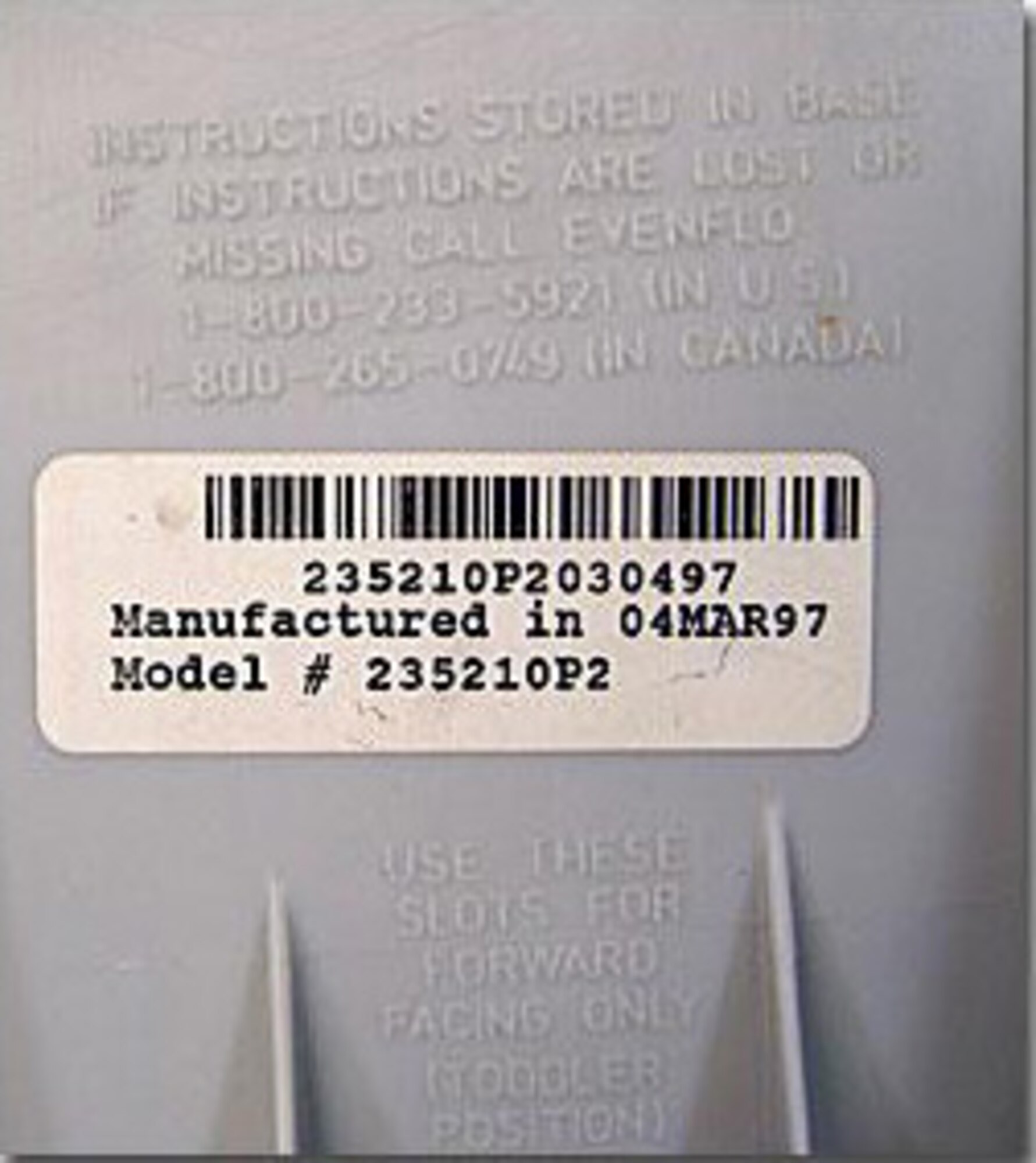 Most child safety seats have an average life of six years from the date of manufacture. These are examples of expiration dates that can be found on child safety seats.