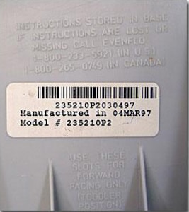 Most child safety seats have an average life of six years from the date of manufacture. These are examples of expiration dates that can be found on child safety seats.