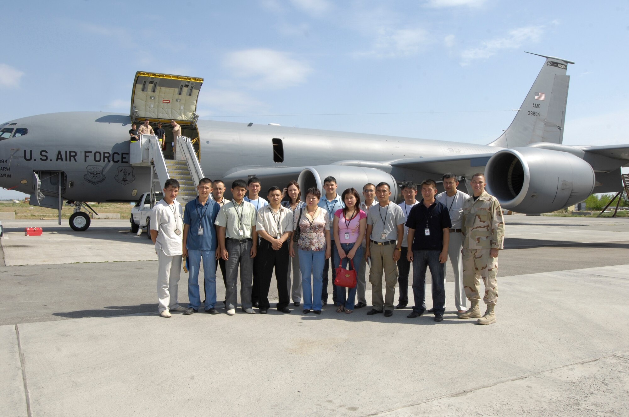 (08/05/16)  Kyrgyz military officers visited Manas Air Base, Kyrgyz Republic, as part of the Kyrgyz Military Cultural Exchange Program.  The group meets once a week with Manas AB Airmen to participate in a conversation group. The discussions allows the students the opportunity to develop their “English ear” with native-English speaking people as well share in each other cultural. The group also toured a U.S. KC-135 aircraft as well as various base facilities. (U.S. Air Force photo / SSgt Tabitha Kuykendall)