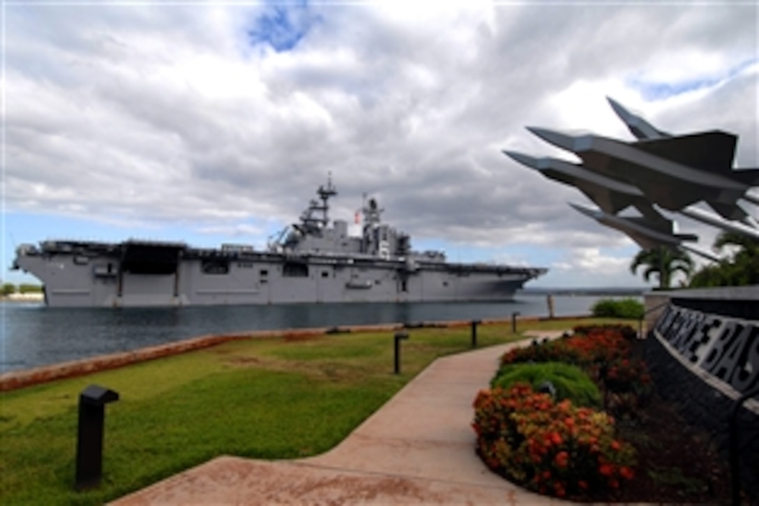 U.S. sailors man the rails as the amphibious assault ship USS Bonhomme Richard arrives at Naval Station Pearl Harbor for a scheduled port call before participating in the Rim of the Pacific, June 27, 2008. RIMPAC is the world's largest multinational exercise and is scheduled biennially by the U.S. Pacific Fleet. Participants include the United States, Australia, Canada, Chile, Japan, the Netherlands, Peru, Republic of Korea, Singapore, and the United Kingdom. 