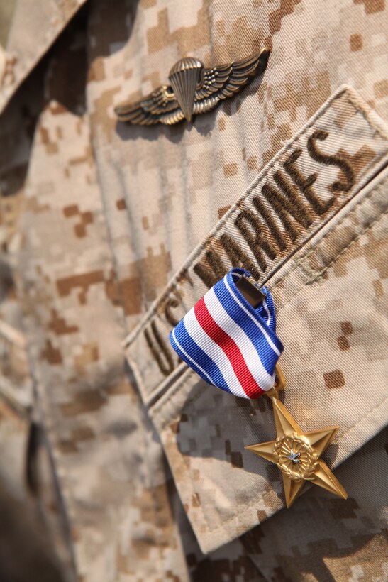 Staff Sgt. Alec Haralovich displays his Silver Star Medal, the nation?s third highest award for combat valor. After Haralovich was shot twice in his body armor by an insurgent, he destroyed an enemy stronghold with a rocket and led his Marines on a two-hour assault after their ambushers during an Afghanistan deployment in 2011. Haralovich is a reconnaissance Marine assigned to E Company, 4th Reconnaissance Bn., 4th Marine Division.
